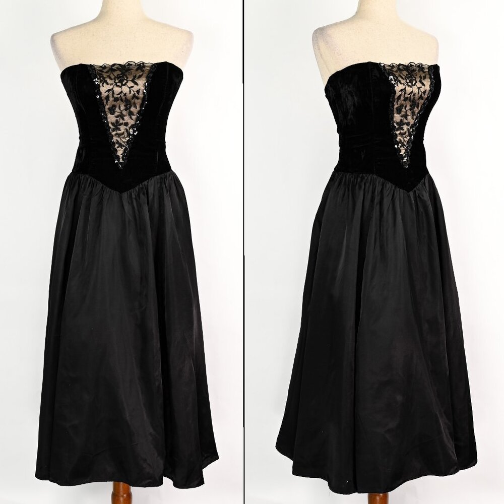 Vintage 80s Gunne Sax by Jessica McClintock Black Velvet Satin Strapless Dress